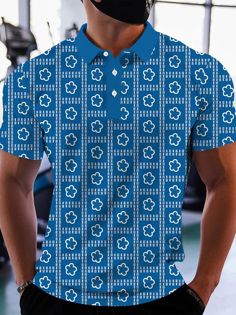 Printed Design – Not Textured Men's Short Sleeve Polo Fashion Golf Tee in Blue and White with Geometric Floral Pattern, Stylish Casual Men's T-Shirt