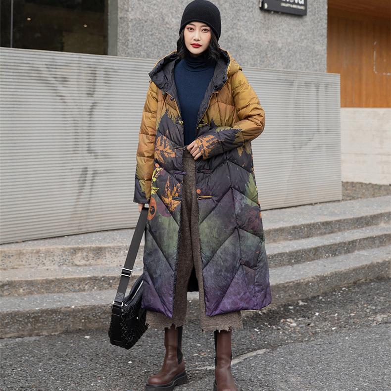 Jachetă lungă cu puf de iarnă pentru femei, cu imprimeu alb, puf de rață, haină nouă cu glugă