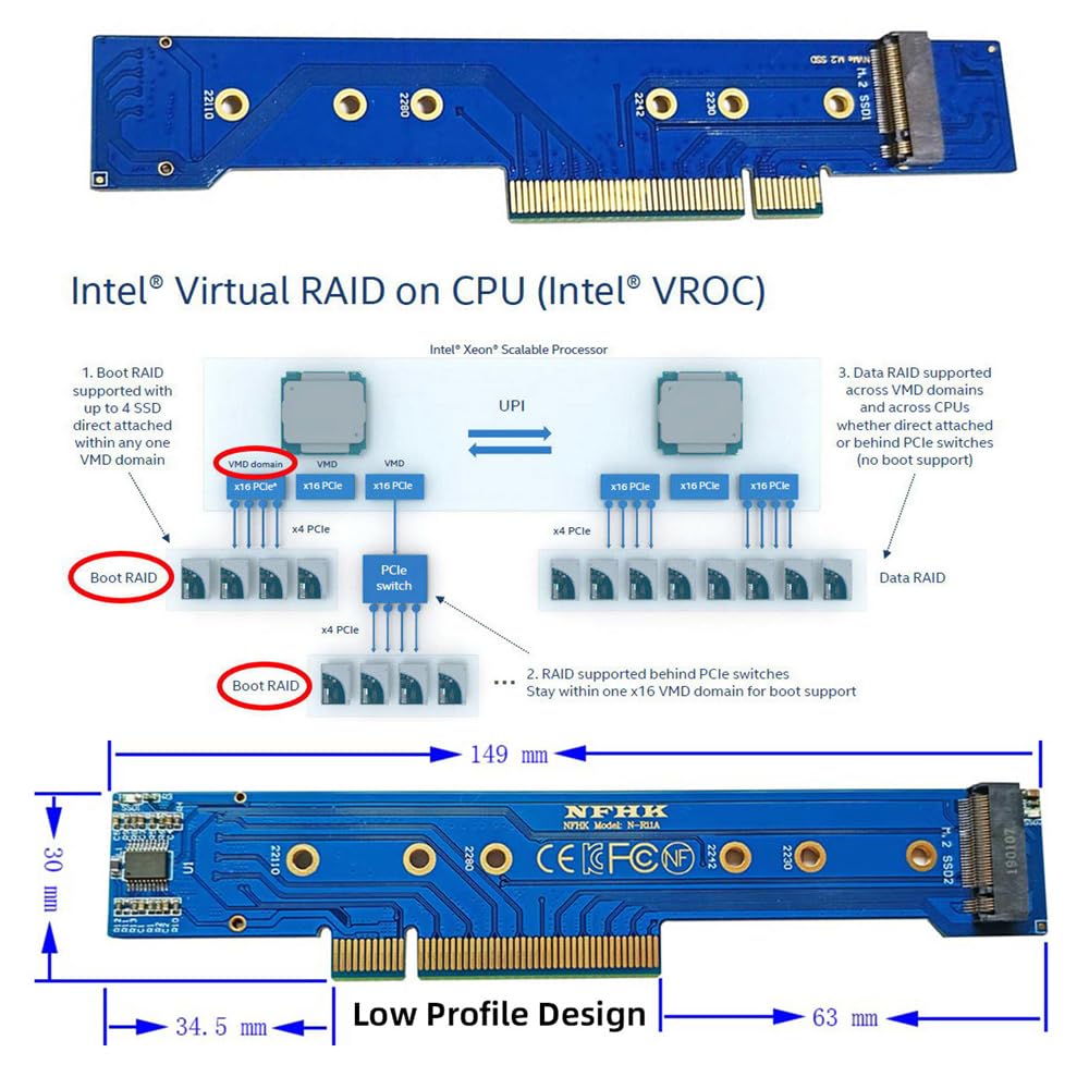 NFHK Low Profile Dual 2X NVMe M.2 SSD - PCIE Express Gen4 X8 X16 RAID Card VROC Raid0 Hyper Adapter.