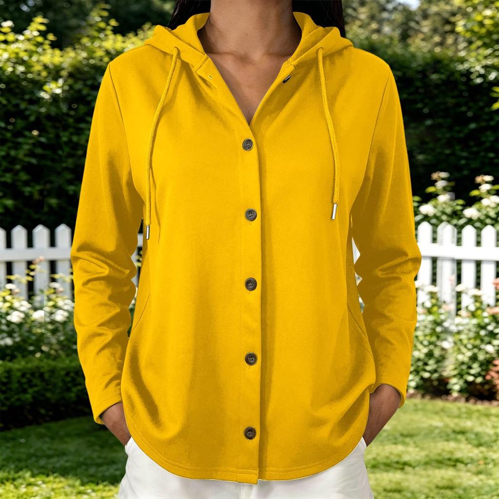 Women's Color Hooded Long Sleeve Button Down Cardigan Loose Fit Casual