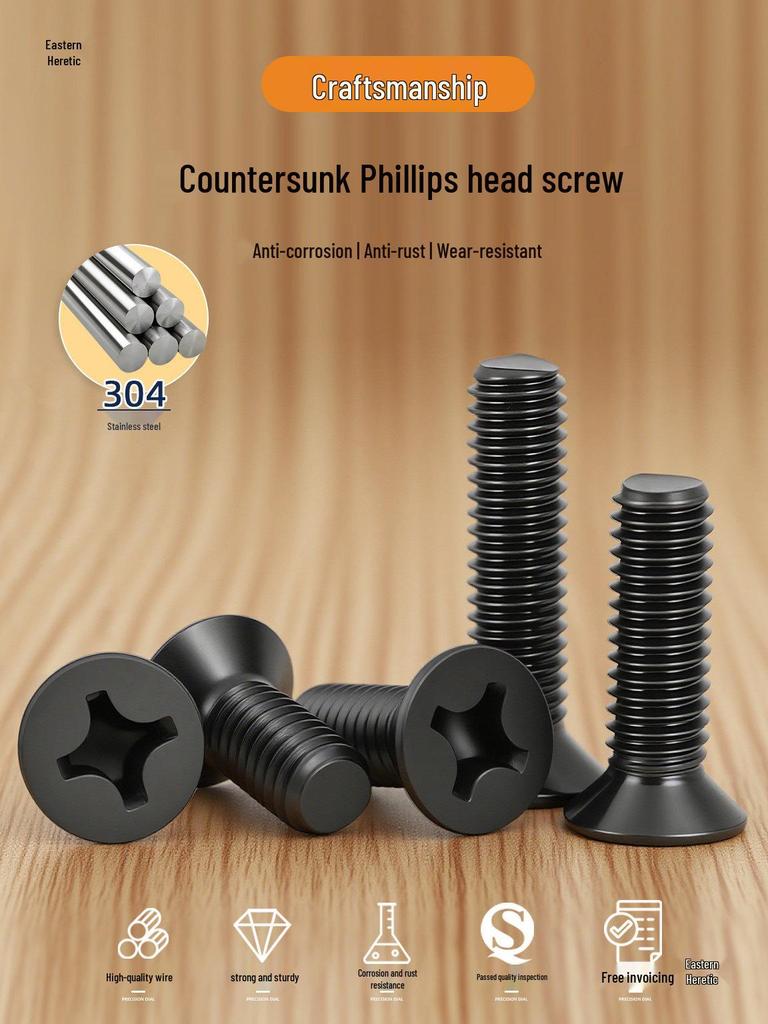Black Phillips Flat Head Machine Screws (M3-M8) - 304 Stainless Steel Countersunk