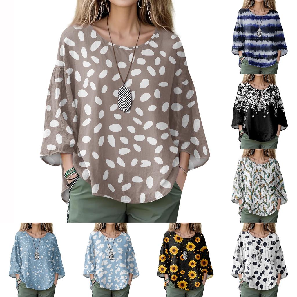 Summer Tops For Women Cute O Neck 3/4 Sleeve Blouses Floral Print Top Casual Shirts