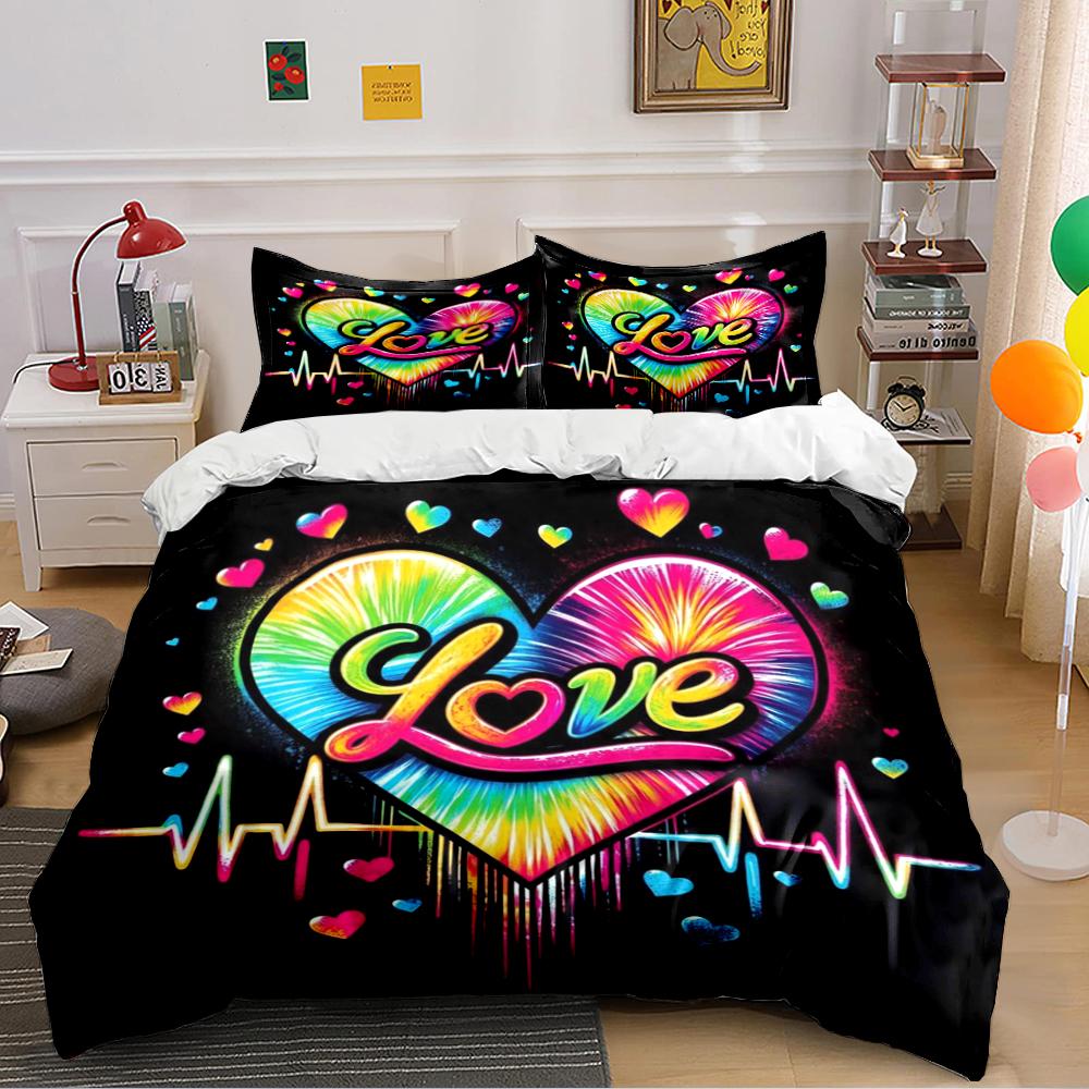 Colorful Heart Love Design Bedding Set Bedding Set (1 Duvet Cover, 2 Pillowcases, Duvet Not Included)
