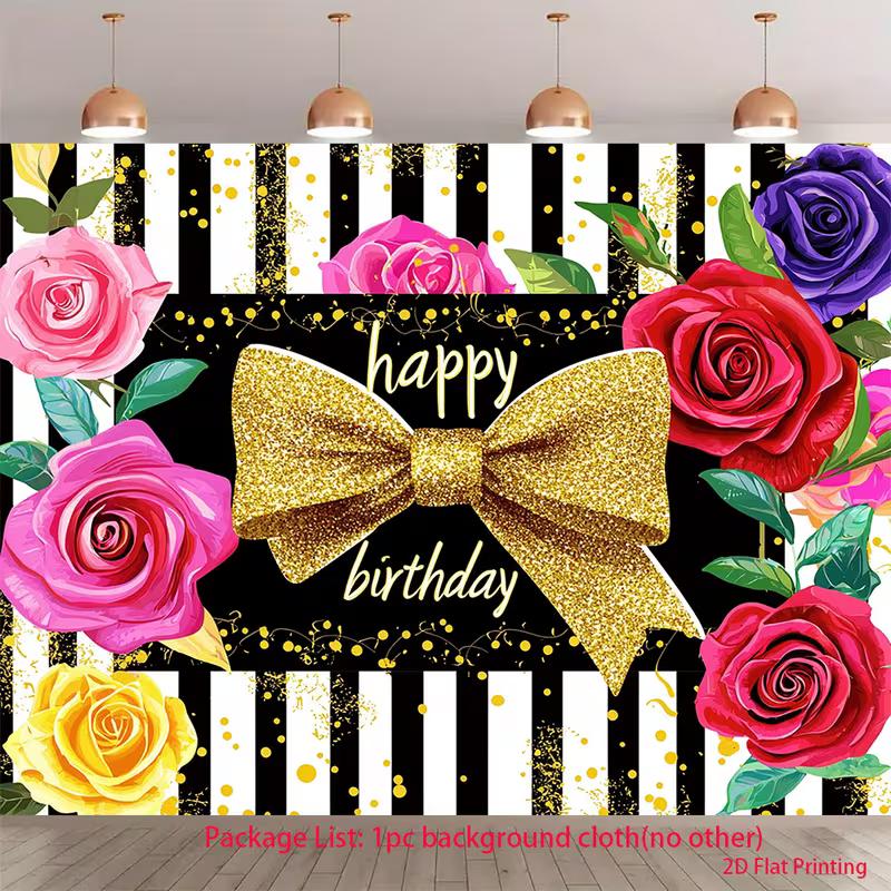 

2D Multicolor Rose Birthday Backdrop, Gold Bow & Stripe Photography Background 47.2x31.5inch/120*80cm