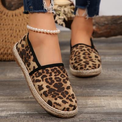 Damen Klassische Leopardenmuster Ballerinas mit schwarzem Besatz, Obermaterial aus atmungsaktivem Stoff, Gummisohle, Rutschfeste Freizeit-Laufschuhe für alle Jahreszeiten