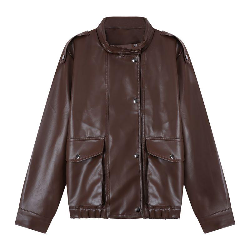Sweet Cool Sexy Suit Loose Jacket Brown Leather Coat Women's Clothing Fall Lace Sling Dress Two-piece Set