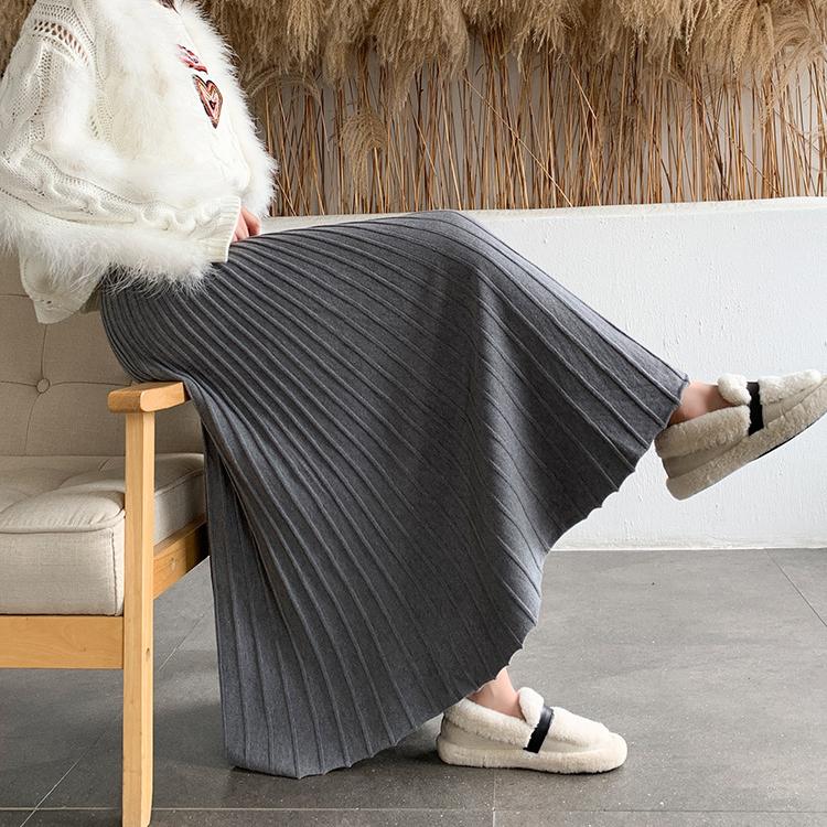 Gestrickte lange Midiröcke für Damen, elastische Taille, verdicken, elegant, Herbst/Winter, A-Linie, Strickmode, gestreift, lässig, Vintage-Rock