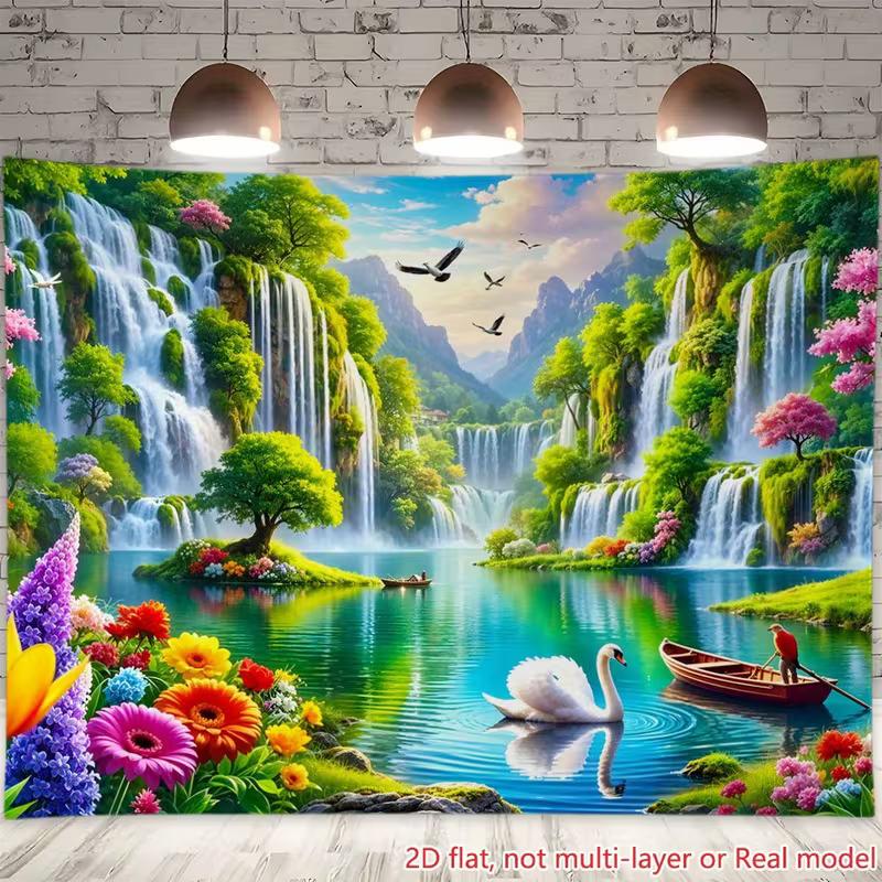 2D Fairy Lake Waterfall Backdrop Colorful Flowers Swan Tapestry for Festival Decoration
