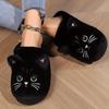 Black Soft Plush Open-Toed Cat Face Slippers for Indoor Comfort