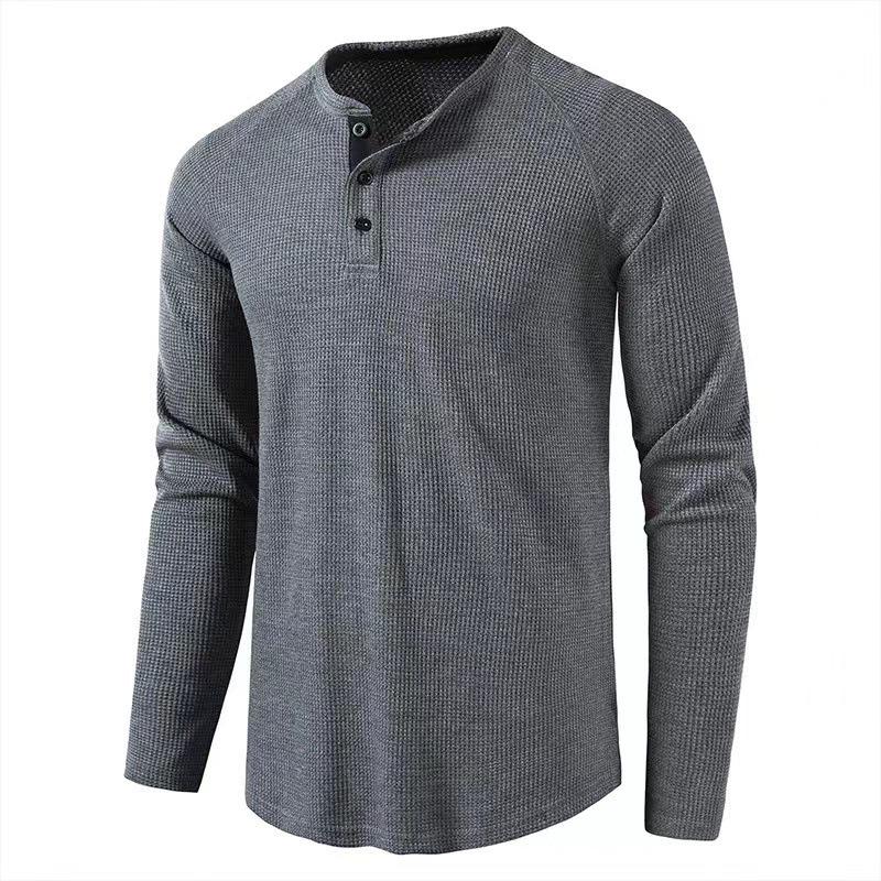 Men's Solid Color Long-Sleeve Henley Shirt - European & American Autumn/Winter Collection