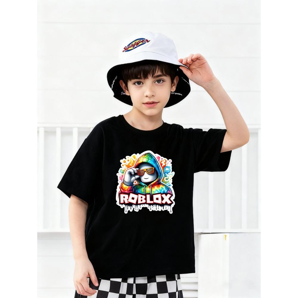 Boys' game style printed black short sleeved T-shirt with fashionable and colorful patterns, children's loose summer top, children's clothing