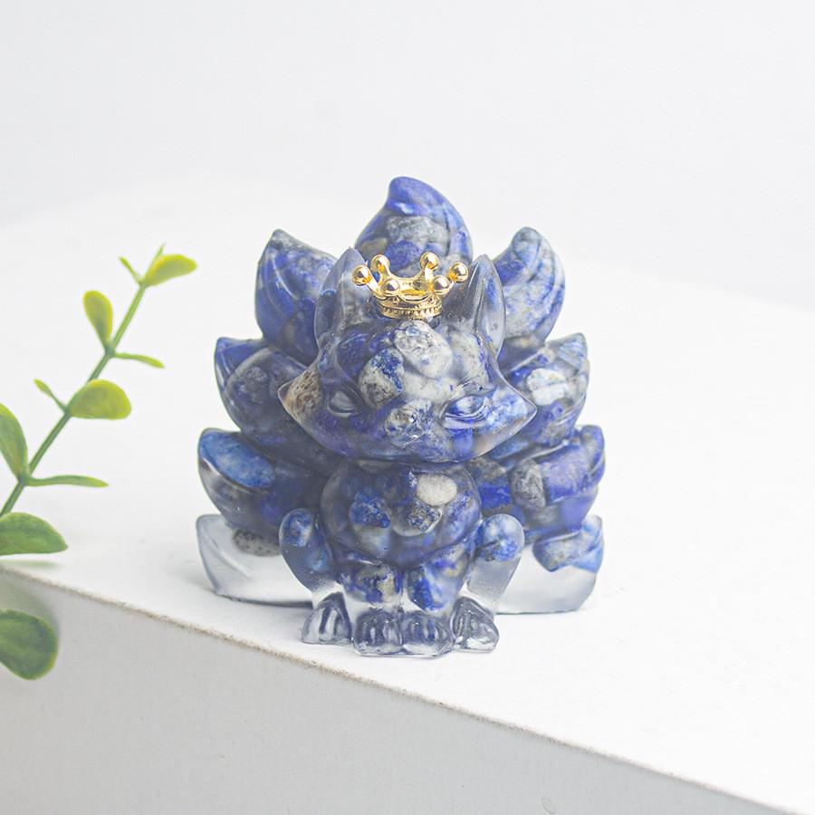 Water Crystal Decorative Figurine With Crown Nine Tails Fox For Modern Desk Display