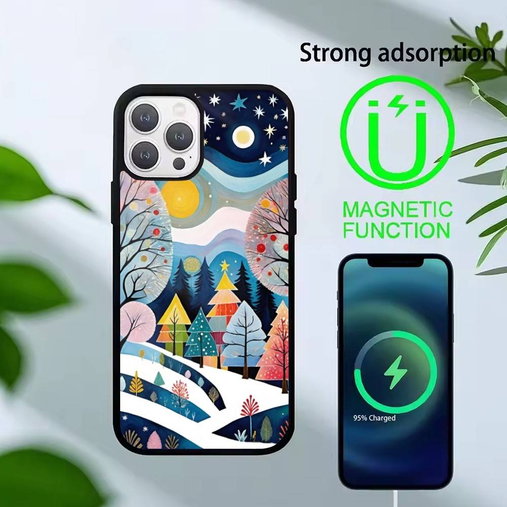 Whimsical Landscape Starry Night Phone Case For iPhone 14,16,15,13,17,12,Plus,Pro,Max Magnetic For Magsafe Frosted Cover