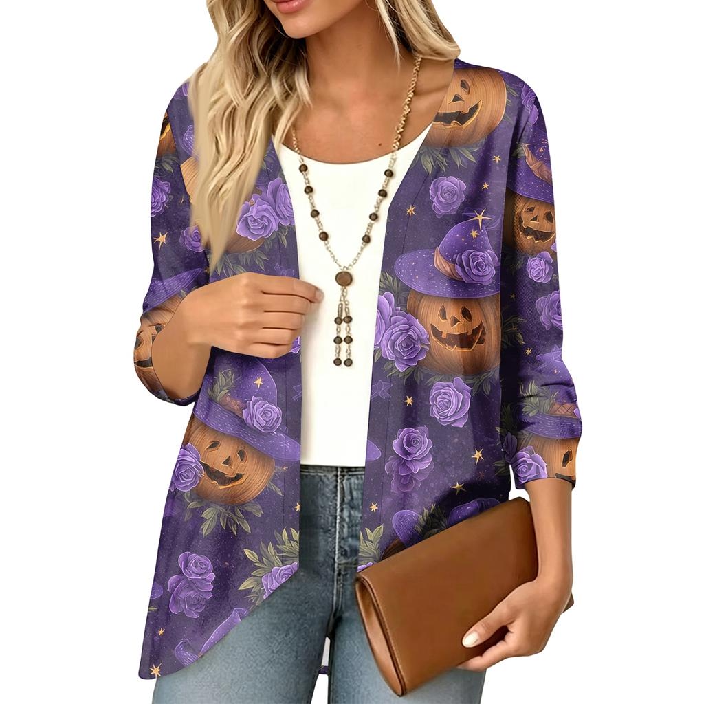 Cardigan décontracté léger ample à manches 3/4 imprimé pour femme pour Halloween