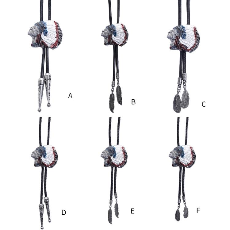 Mens Bolo Tie Indian Head Feathered Western Cowboy Necklace Jewelry Shirt Chain