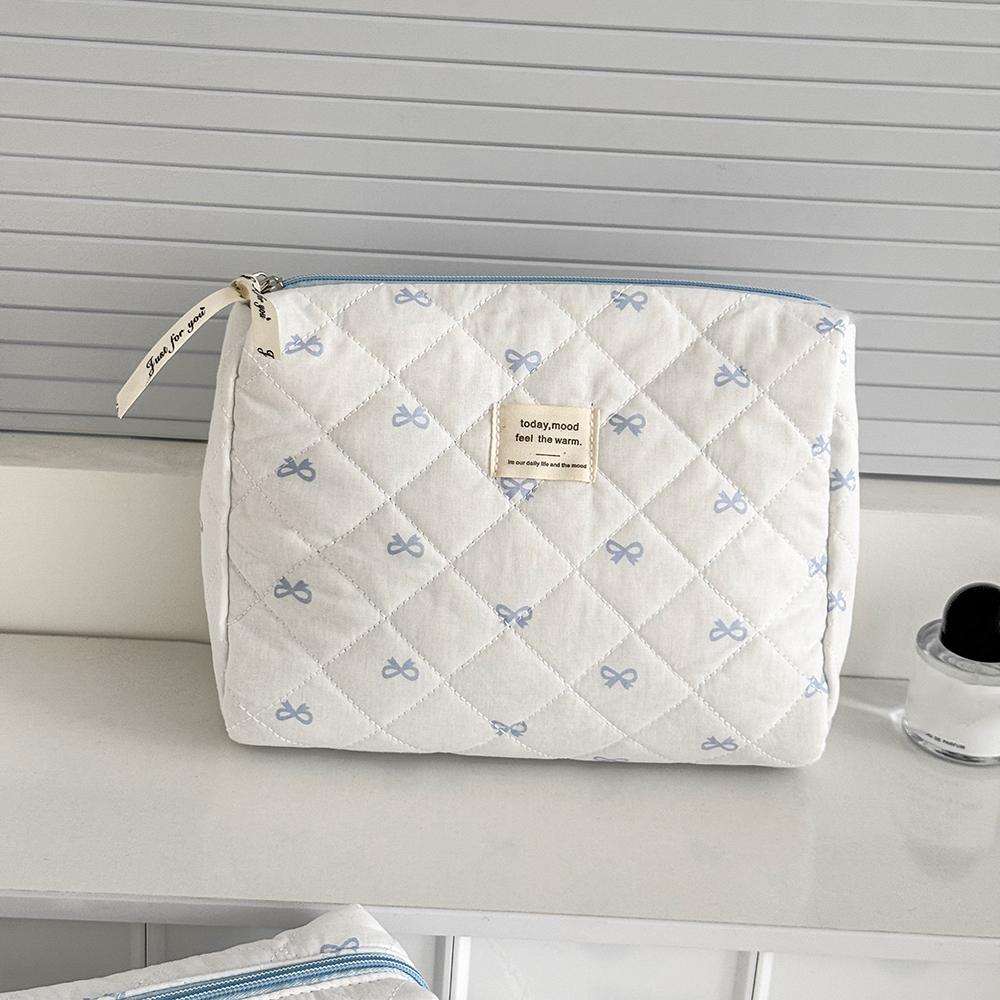 Blue Bow Quilted Women Cosmetic Bag Sets Large Capacity Makeup Handbag Travel Pouch 3 Type Ladies Zipper Organizer for Bags