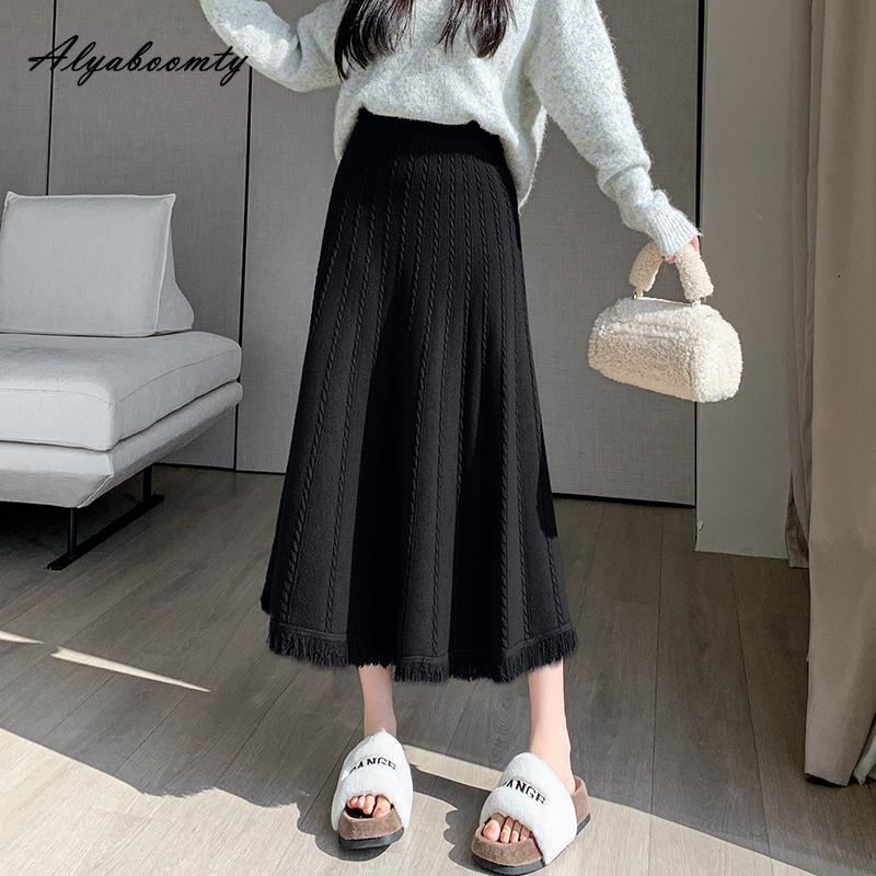 Koreanische Mode Herbst Winter Frauen Midi Rock Hohe Taille Grau Schwarz Aprikose Kaffee Dicke Warme Rock Elegante Quaste Feminine Röcke für frauen