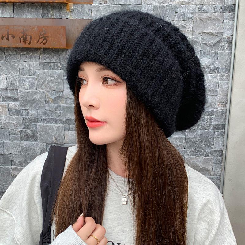 New hat women's big head circumference thickened stacking hat fashionable versatile warm show small face ear protection knitted wool hat