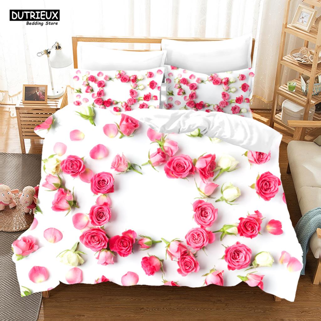 Roupa de Cama Estampada Flor de Amor 3D Conjuntos de Roupa de Cama de Poliéster Cobertores para Crianças Meninos Roupa de Cama para Adolescentes Conjunto de Roupa de Cama Tamanho King