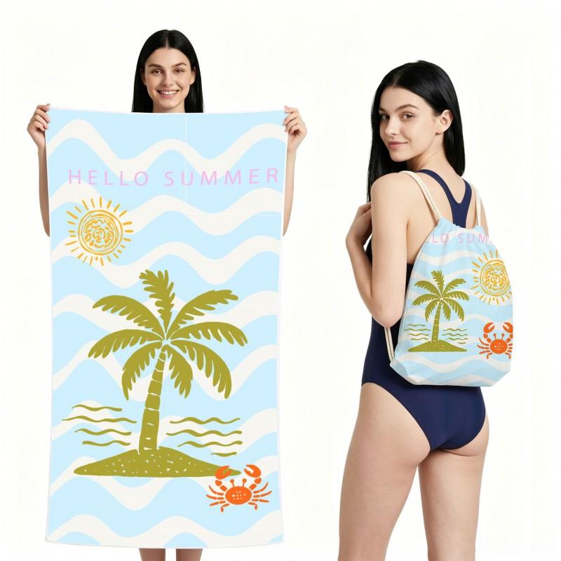 Quick-Dry Foldable Beach Towel With Carry Bag Double-Sided Plush Coconut Print Bath Travel Pool Vacation