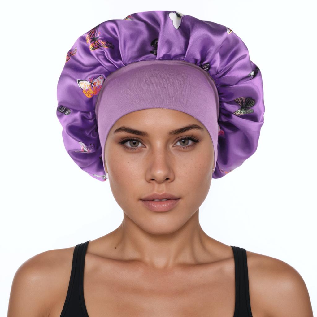 1pc Elastic Wide Brim Satin Sleeping Cap With Butterfly Print, For Beauty Hair Care, Bonnet, Shower Cap, Hair Products For Barber Salon