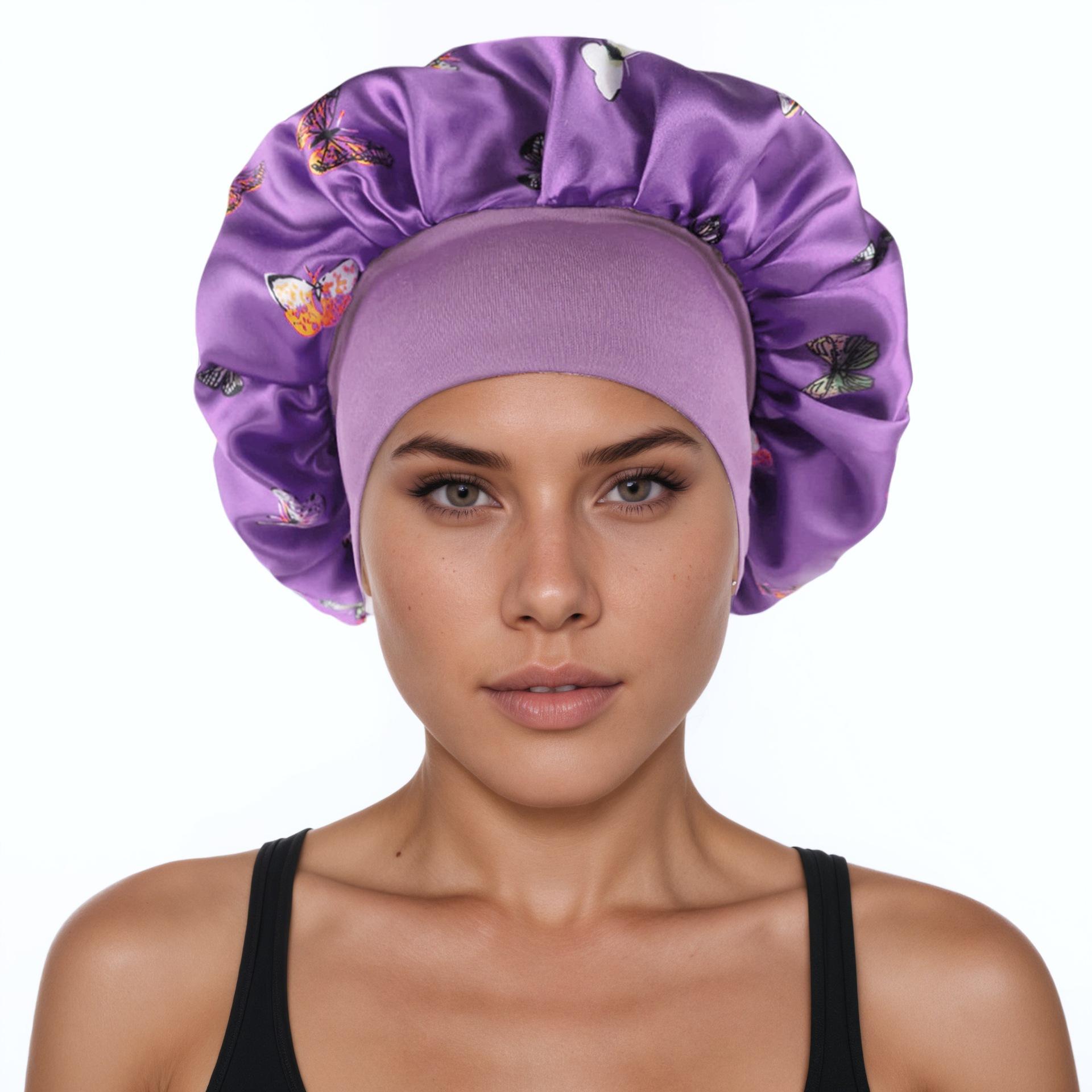 

1pc Elastic Wide Brim Satin Sleeping Cap With Butterfly Print, For Beauty Hair Care, Bonnet, Shower Cap, Hair Products For Barber Salon фиолетовый