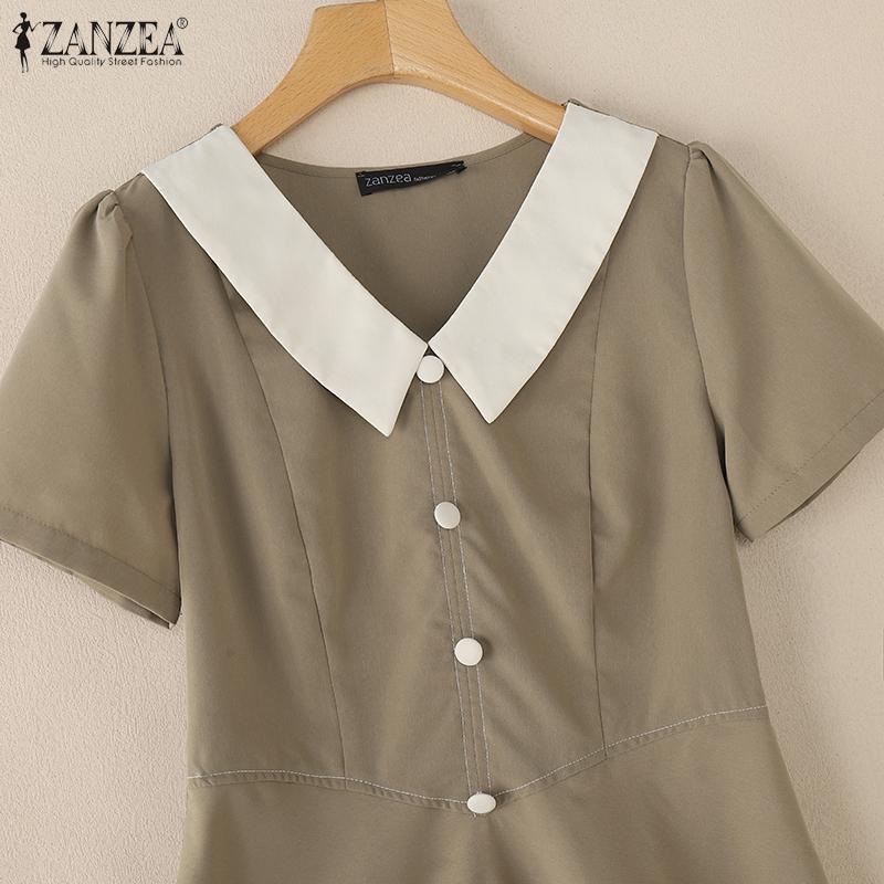 ZANZEA Dámské letní ležérní patchworkové šaty s krátkým rukávem a výstřihem do V