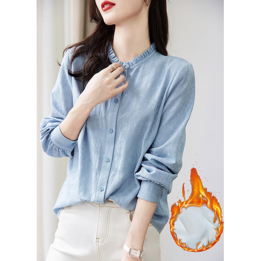Cotton Dark Jacquard Shirt for Winter New Style Stand Collar Fitted Long Sleeve Small Pleated Shirt for Women