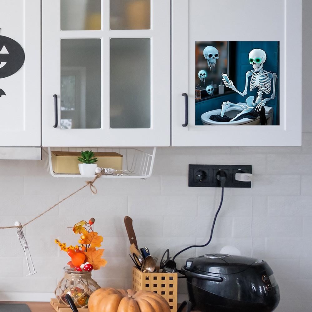 Halloween Creative Toilet Skeleton Play Phone Pattern Home Wall Decor Sticker