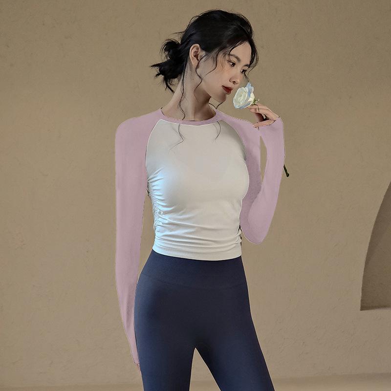 

Женский топ для йоги телесного цвета с длинными рукавами — новый весенне-летний дизайн с цветовыми блоками L