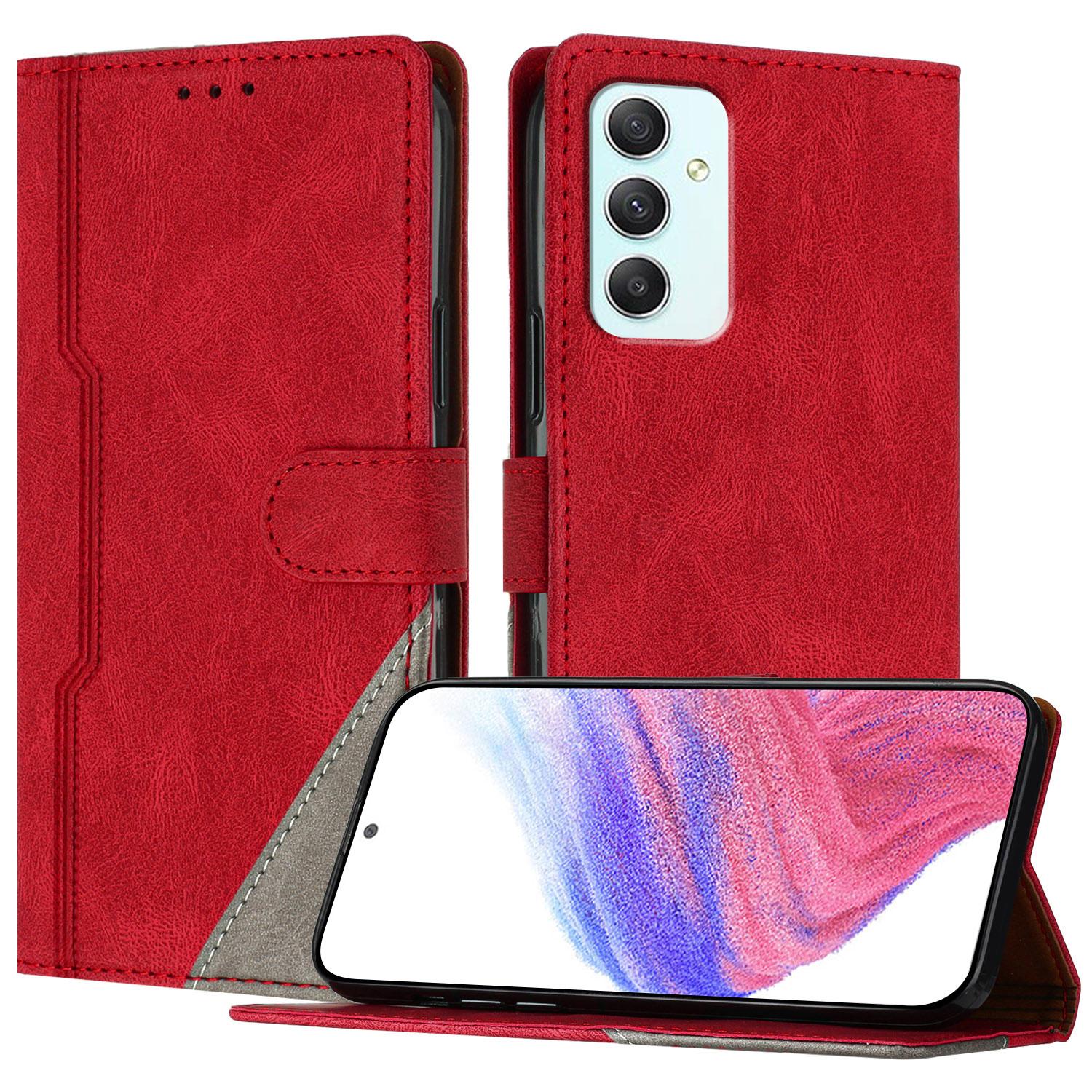 

For Samsung Galaxy A35 5G Leather Case Triangle Patchwork Wallet Stand Shockproof Phone Cover Red