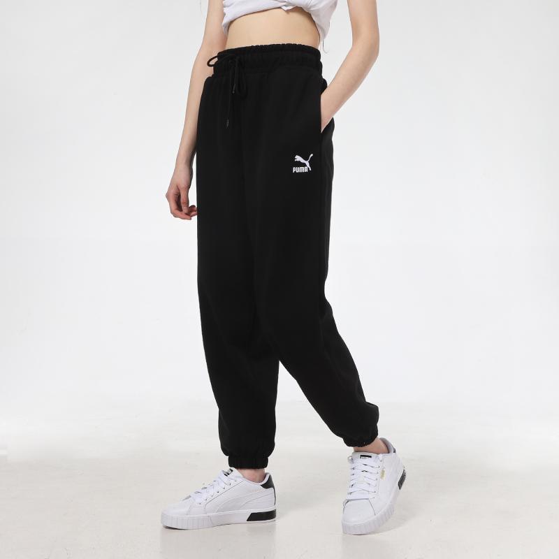 Puma Relaxed Embroidered Logo Drawstring Loose Breathable Cuffed Sweatpants Knitted Sports Pants Women Bottoms Black 532284-01