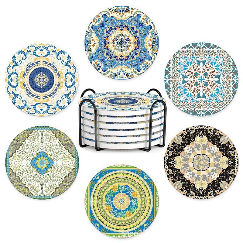 Round Ceramic Coasters Waterproof Non Slip Heat Resistant Mats For Dining Table Kitchen Ramadan Home Decor