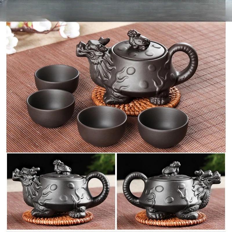 Juego de té de arena púrpura Yixing, 1 tetera y 4 tazas sin base, portátil, para viajes, suministros para ceremonias de té chinas Productos Chinos