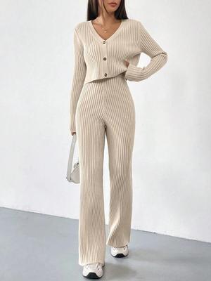 Ensemble deux pièces Cardigan en maille col en V et Pantalon large pour femme Haut de gamme Automne/Hiver