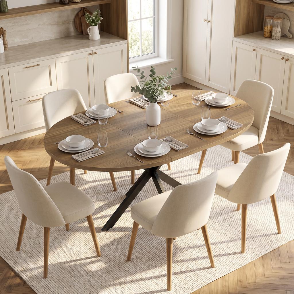 Oval Extendable Dining Table for 4-6, 100-135 cm Extension, Brown Wood Effect