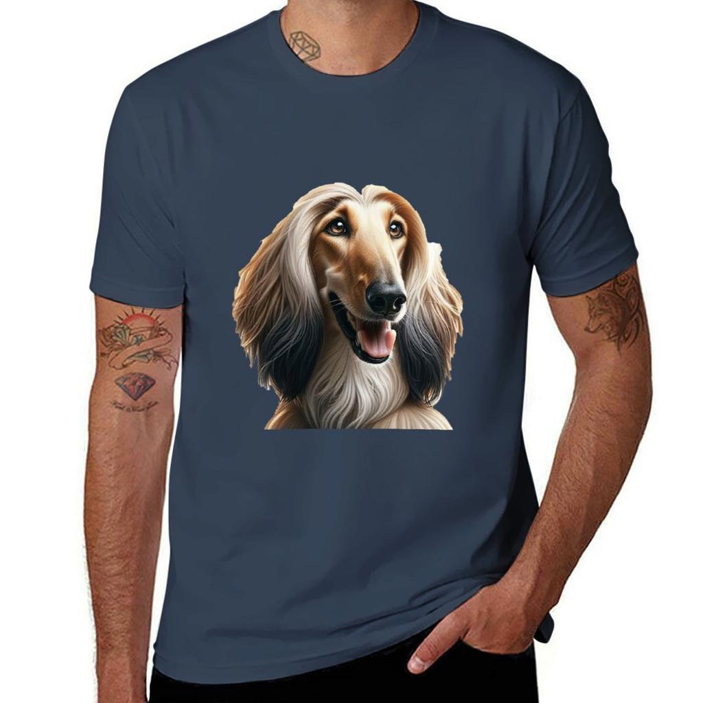 Majestic Afghan Hound Art Print Elegant Longhaired Sighthound Dog Breed Portrait Tshirt Relaxed Casual Short Sleeve Tee
