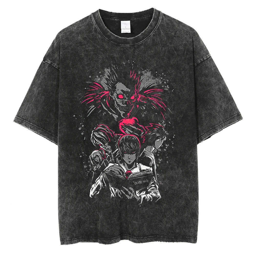 Klassisches Japanisches Anime Death Note Print T-Shirt Herren Gewaschen Übergroß Retro Streetwear Baumwolle Kurzarm Kleidung Lässig Locker Damen Herren Kleidung