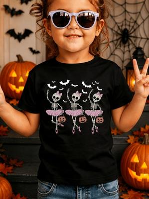 Dětské oblečení na Halloween Roztomilý potisk kostlivce baleríny Oblečení pro dívky Tričko s krátkým rukávem Topy Měkké ležérní tričko Vtipné dětské oblečení