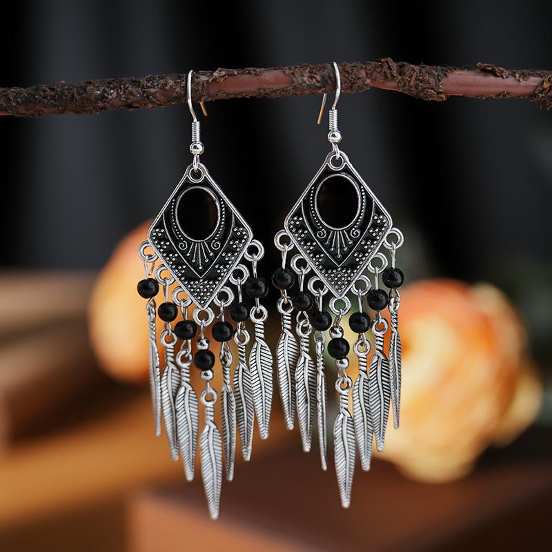 Fashion Vintage Bohemian Leaf Tassel Drop Dangle Earrings For Women Enamel Rhombus Geometric Beads Handmade Boho Earring Zircon