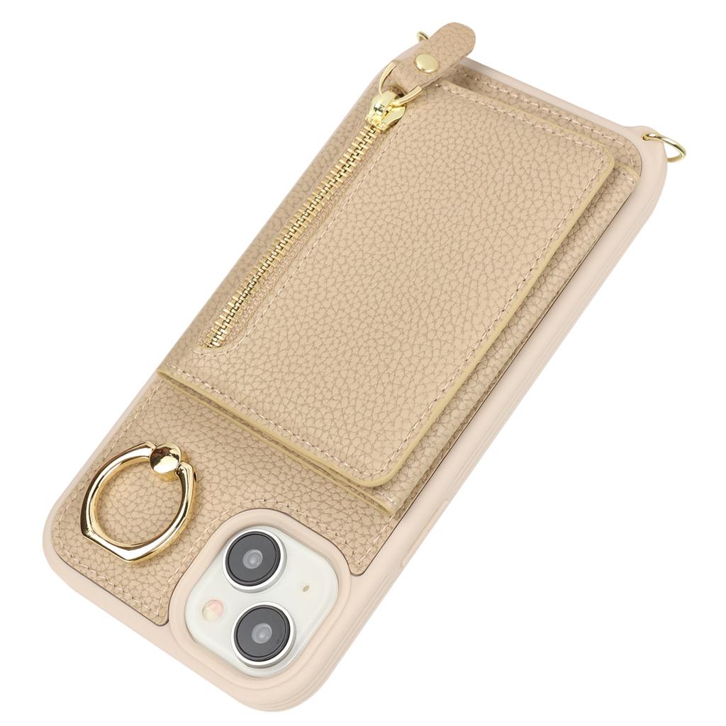 For iPhone 14/13 Case Litchi Texture Card Bag Leather+TPU Crossbody Phone Cover with Ring Kickstand