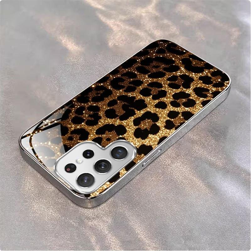 Gold-plated tempered glass phone case, Galaxy S26 S25 S24 S23 S22 Ultra Plus. Features a gold-plated leopard print pattern