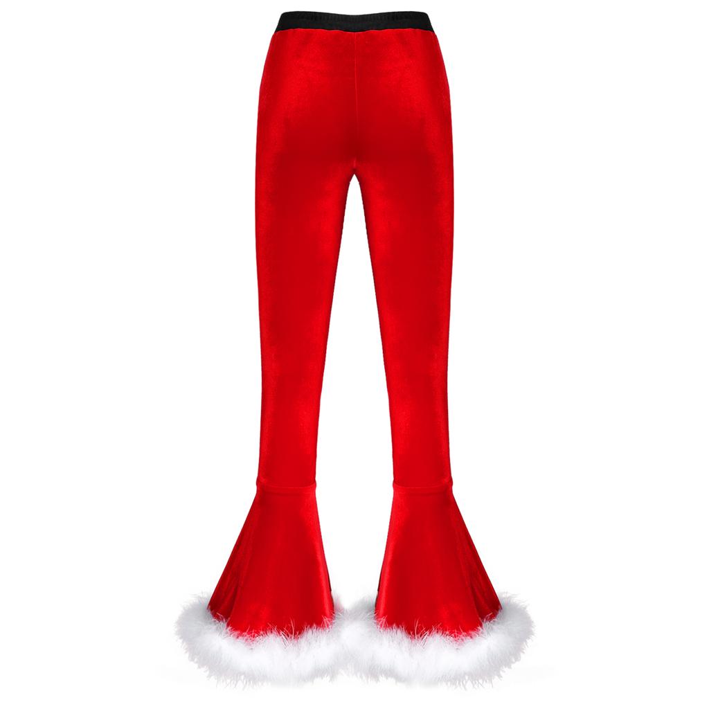 Women's Velvet Christmas Cosplay Faux Fur Adorned Elastic Waist Flare Leg Long Pants Trousers