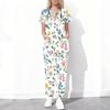 Women Plus Size Cutout Neck Short Sleeve Ginkgo Leaf Printed Scrub Set White Green Pocket Top Long Pants Two Piece
