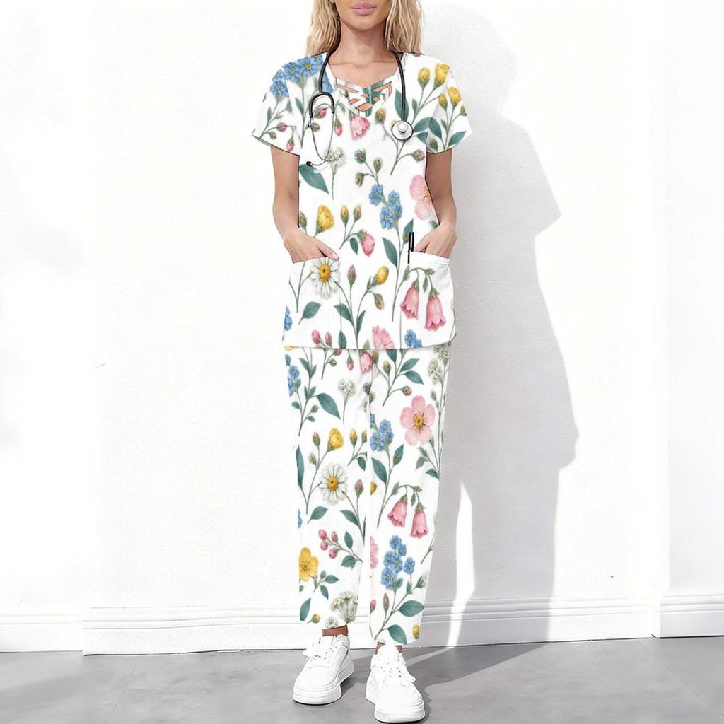 Women Plus Size Cutout Neck Short Sleeve Ginkgo Leaf Printed Scrub Set White Green Pocket Top Long Pants Two Piece