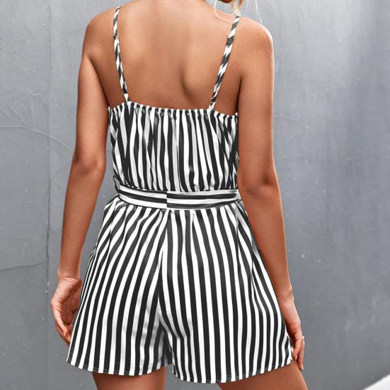 Lady Jumpsuit Sleeveless Deep V Neck Stripe Print Contrast Color Tight Waist Summer Romper Female Clothes
