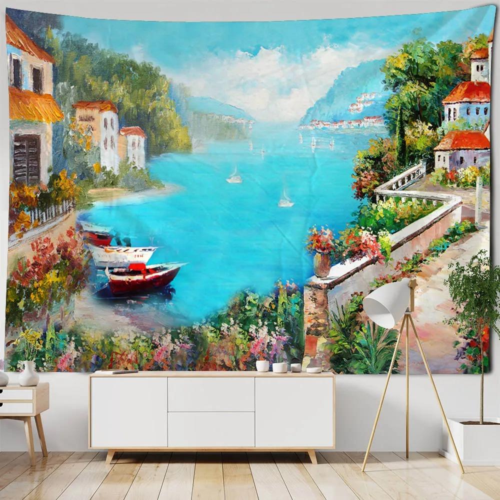 Bedroom living room wall decoration sea view oil painting tapestry European style landscape print background cloth