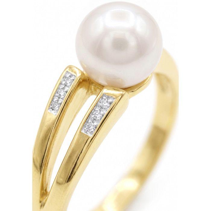 Bague - Pearls & Colors - Perle de Culture d'Eau Douce 8-9 mm Ronde - Perle Blanche - Or Jaune 375/1000 - Diamant - Femme
