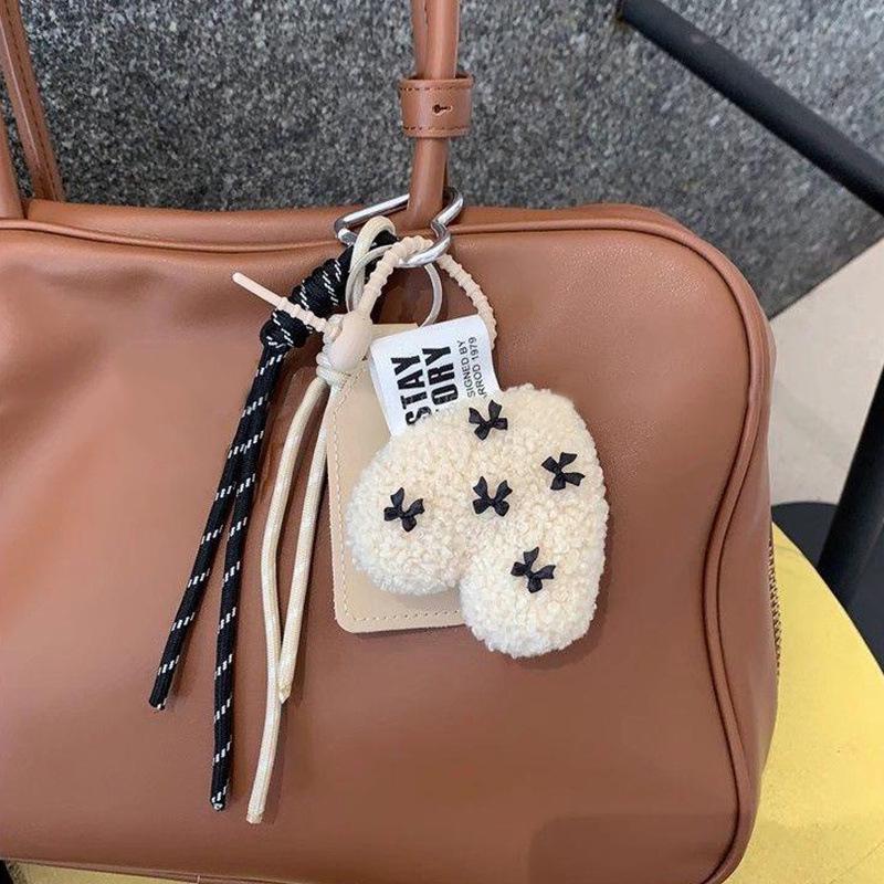 Lambswool Heart Pendant with Fluffy Bow Lanyard Keychain Bag Charm