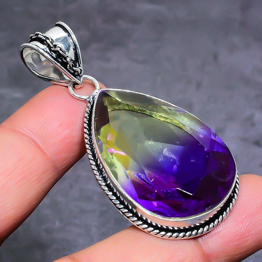 Bi-Color Tourmaline Gemstone Handmade 925 Sterling Silver Pendant 2.25" S3D59